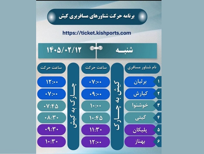 برنامه حرکت شناورهای مسافربری و حمل خودرو کیش، شنبه ۱۲ اردیبهشت برنامه حرکت شناورهای مسافربری و حمل خودرو کیش، شنبه ۱۲ اردیبهشت